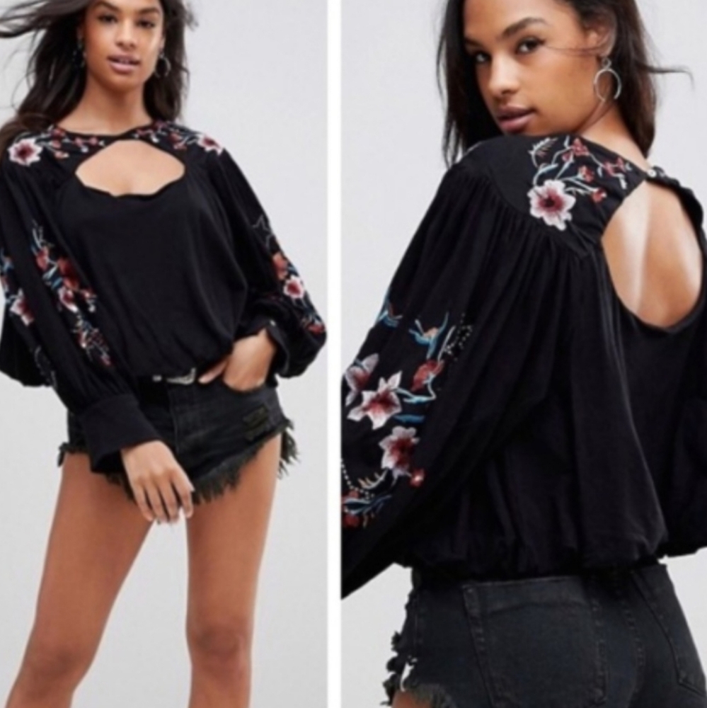 Free People Lita Embroidered Cutout Top Floral Long Sleeve Boho SzS